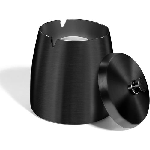 Cendrier d'intérieur et d'extérieur noir, design original, grand format, anti-odeurs, avec couvercle, en acier inoxydable, coupe-vent, incassable, pour jardin, balcon, restaurant, argent