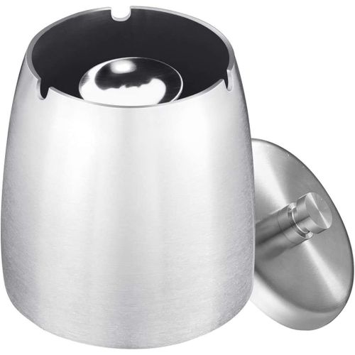Grand cendrier coupe-vent en acier inoxydable avec couvercle anti-odeurs, portable pour l'intérieur et l'extérieur, avec tapis antidérapant et anti-rayures (argenté) (grand)