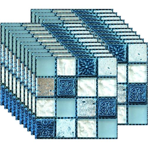 20PCS Mosaïque Stickers, autocollant Résistant à la Chaleur, Imperméable à l'eau papier Peint Dosseret pour Cuisine salle de Bain Carreaux de Mosaïque de Bâton Bleu (10 x 10 cm / 4 x 4 pouces)
