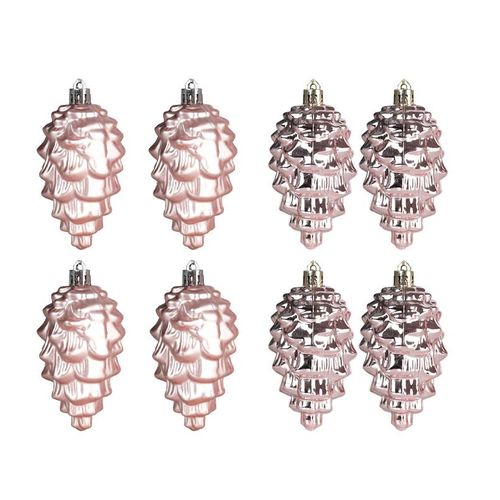 Lot de 8 décorations de Noël en or rose, breloques de 9 cm, boules de Noël brillantes et mates, pommes de pin en plastique