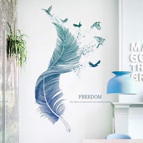 KALANKA-®- Stickers muraux salon PLUME en bleu moderne (124×72 cm) I Stickers muraux chambre adulte salle de bain plume oiseaux I Autocollant mural decoration murale cuisine porte enfant