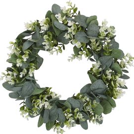 La couronne d'eucalyptus saison de 35 cm de diamètre, de couleur verte. Fleurs artificielles pour la décoration de l'intérieur et de l'extérieur.