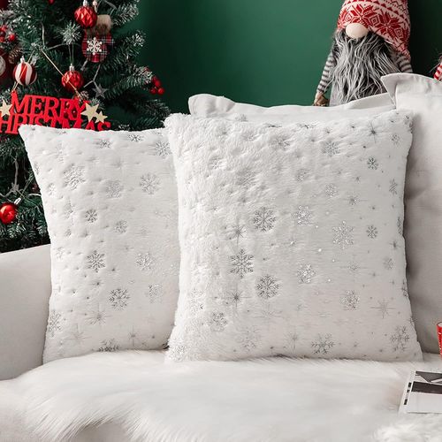 Pièces De Noël Housses De Coussin (40x40 Cm Blanc) Doux Fausse Fourrure Polyester Décoratif Brillant Motif De Flocon De Neige Moderne Pour Décorer Salon Bureau Canapé