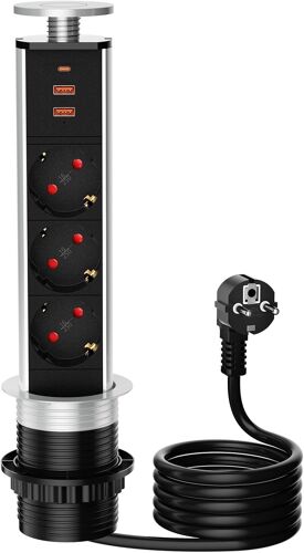 Multiprise Electrique USB C, Prise Encastrable Plan de Travail 3 Prises pour Cuisine ou Bureau, câble 1.8m