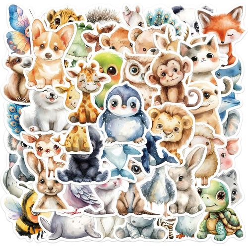 Bgiiik-50pcs Stickers Animaux En Aquarelle Autocollants Enfant Imperméable En Vinyle Pour Scrapbooking Artisanat Bricolage