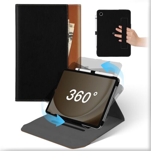 Coque pour Samsung Galaxy Tab A9+/A9 Plus 11 Pouces 2023 Tablette, Housse Cuir Support Rotative 360°et Amovible avec Porte-Crayon & Poche,Etui Veille/Réveil Automatique Tab A9 Plus Noir Brun