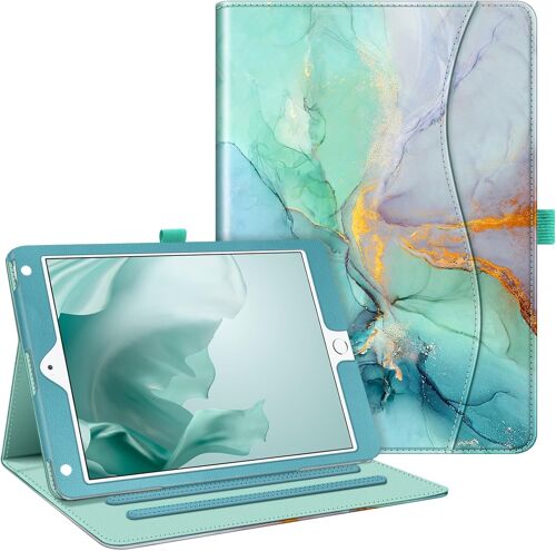 Coque pour iPad 6e/5e Génération 9.7 Pouces (2018/2017) et iPad Air 2/Air 1 9.7"" - Etui Multi-Angles Housse Folio avec Poche de Document, Marbre Vert