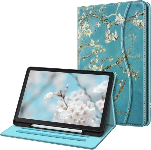 Coque pour Samsung Galaxy Tab S6 Lite 10.4 Pouces 2024/2022/2020 - Housse Multipositions Etui avec Poche Frontale et Fonction Sommeil/Réveil Automatique, Fleur Abricotier