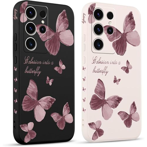Eryi-2 Pièces Coque Pour Samsung Galaxy S23 Ultra 5g 6,8"", Etui Avec Violet Pente Papillon Mignon Amusante Peint Dessin Latéral Case Souple Silicone Housse Téléphone En Souple Fille Cover