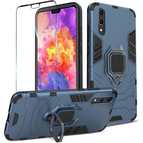 Coque Pour Huawei P20 Avec Verre Trempé, Etui De Protection Antichoc De Qualité Militaire, Housse Avec Anneau Support Métallique, Support De Voiture Magnétique Case, Bleu