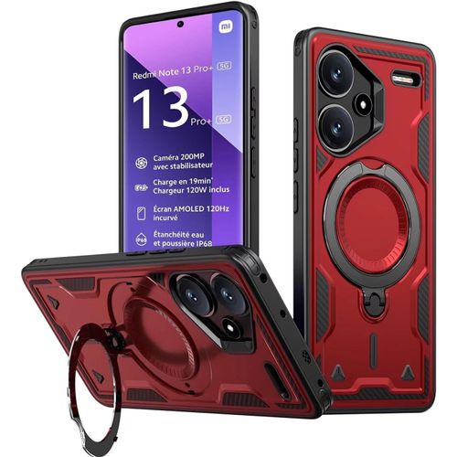 KWEX-Coque pour Xiaomi Redmi Note 13 Pro Plus 5G / Note 13 Pro+ 5G, Militaire Etui Antichoc Housse avec Téléphone avec Anneau et Support - Coques Rouge