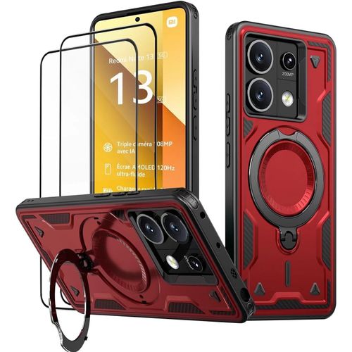 CAUC-Coque pour Xiaomi Redmi Note 13 5G (Pas 4G) avec Verre Trempé*2, Militaire Etui Antichoc Housse avec Téléphone avec Anneau et Support - Coques Rouge