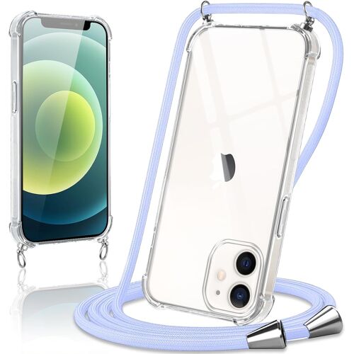 Coque Avec Cordon Pour Iphone 12 Mini 5,4"",Collier Réglable Téléphone Étui Portable Lanyard Case Transparent Ultra Souple Silicone Housse Antichoc Protection Cover Pour Iphone 12 Mini,Violet