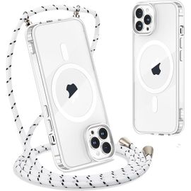 Magn¿¿tique Collier Coque pour iPhone 14 Pro avec Cordon 6,1"", [Compatible avec MagSafe] Transparent R¿¿glable Lanyard Necklace Case, Ultra Mince Souple Silicone TPU Antichoc Housse, Blanc