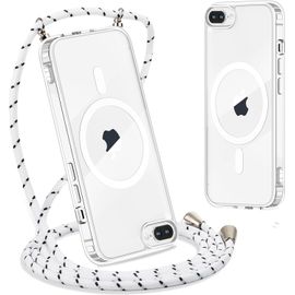 Sjzg-Magnétique Collier Coque Pour Iphone 7 Plus/8 Plus Avec Cordon 5,5"", [Compatible Avec Magsafe] Transparent Réglable Lanyard Necklace Case, Ultra Mince Souple Silicone Tpu Antichoc Housse, Blanc