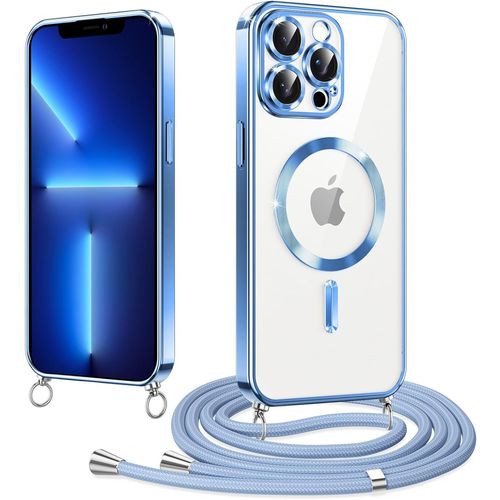 Coque Magnétique Pour Iphone 13 Pro Max (6,7 Pouces) Compatible Magsafe - Étui Antichoc Bords Métallisés Avec Lanière/Cordon Réglable Amovible, Anti-Rayures, Bleu
