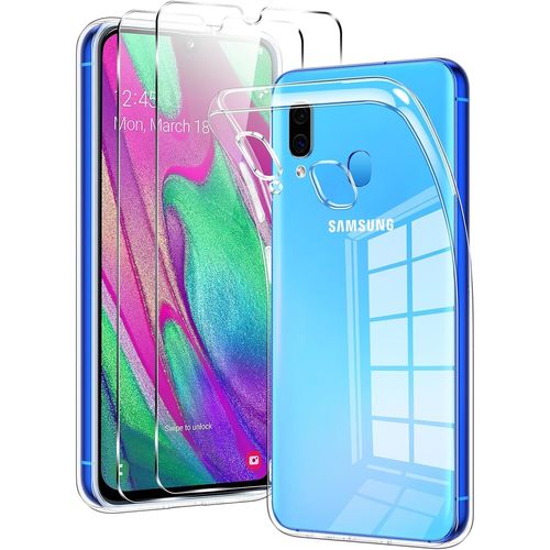 acdsgd-Transparent Coque pour Samsung Galaxy A40 5,9"" avec 2 Verres Trempés, Étui de Protection Antichoc Anti Rayures Housse, Mince Souple TPU Silicone Case Cover pour Samsung A40, Clear