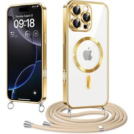 SJZG-Magnétique Coque Avec Cordon Pour Iphone 16 Pro Max 6.9"", Compatible Avec Magsafe, Coque Magnétique En Galvanisé Avec Réglable Collier Lanyard, Antichoc Etui Pour Iphone 16 Pro Max, Or