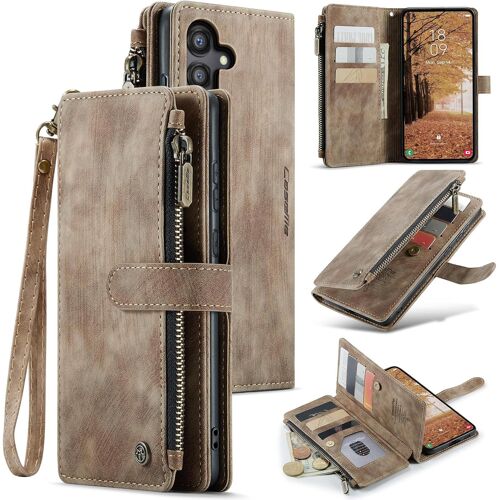 ERYI-Étui Portefeuille Pour Samsung Galaxy A55 5G, Fait À La Main En Cuir Pu Avec Emplacements Pour Cartes Fermeture Magnétique Avec Hand Strap Poche À Fermeture Éclair Et Béquille Portable - Brun