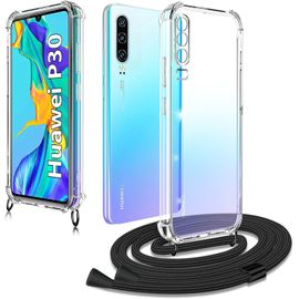 Coque Silicone Anti-Choc Pour Huawei P30 Avec Cordon Tour De Cou Réglable Et Boucle Détachable - Étui Bandoulière Mains-Libres Noir Mat