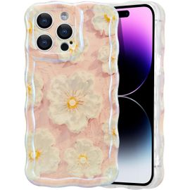 Kalanka-Coque De Téléphone Pour Iphone 14 Pro Max, Vintage Peinture À L'huile Fleur Cas Brillant Curly Wave Frame Forme Tpu Étui De Téléphone À La Durable Rayures Housse De Protection - Rose #