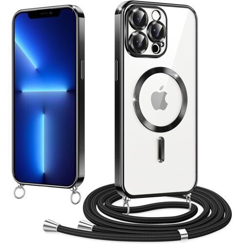 TRAHOO-Magnétique Coque avec Cordon pour iPhone 13 Pro Max 6.7"", Compatible avec MagSafe, Coque Magnétique en Galvanisé avec Réglable Collier Lanyard, Antichoc Etui pour iPhone 13 Pro Max, Noir