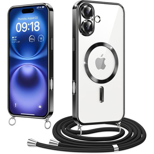 Ppdaz-Magnétique Coque Avec Cordon Pour Iphone 16 Plus 6.7"", Compatible Avec Magsafe, Coque Magnétique En Galvanisé Avec Réglable Collier Lanyard, Antichoc Etui Pour Iphone 16 Plus, Noir