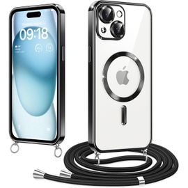 Mab-Magnétique Coque Avec Cordon Pour Iphone 15 Plus 6.7"", Compatible Avec Magsafe, Coque Magnétique En Galvanisé Avec Réglable Collier Lanyard, Antichoc Etui Pour Iphone 15 Plus, Noir