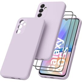 CAUC-Coque pour Samsung Galaxy A05s avec 2 Pièces Protecteur D'écran en Verre Trempé, Coque de Protection en Silicone avec Doublure en Fibre, Verre Trempé Anti-Rayures sans Bulles (Violet)