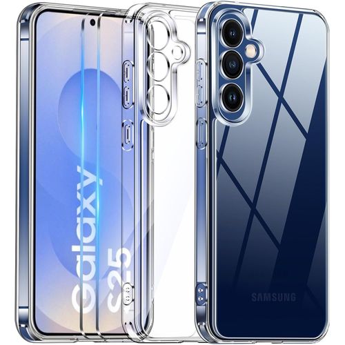 CAUC-Coque Antichoc pour Samsung Galaxy S25 et 2 Pièces Verre Trempé, Coque Protection Caméra Mince Anti-Jaune Anti-Rayures Housse, Transparent