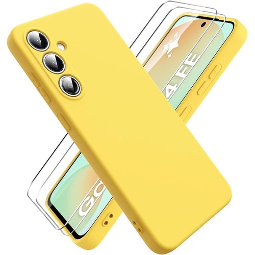 Pack Coque Silicone Souple + 2 Protège-Écrans En Verre Trempé Pour Samsung Galaxy S24 Fe ¿ Antichoc Et Anti-Rayures ¿ Jaune