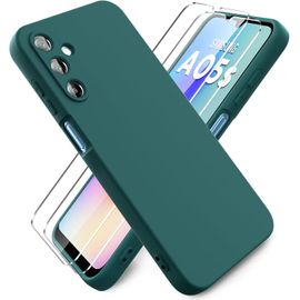 CAUC-- Coque pour Samsung Galaxy A05s, avec 2 Pièces Protecteur D'écran en Verre Trempé, Housse Silicone Souple Ultra-Mince de Couleur Pure, Coque en Caoutchouc Antichoc - Vert Nuit