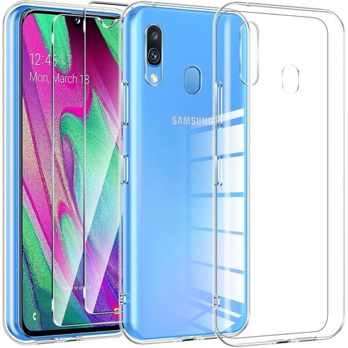 KWEX-Coque pour Samsung Galaxy A40 avec 2 Pièces de Verre de Protection,Coque de Protection en Silicone TPU Transparent Ultra Fin et Souple,Anti-Jaunissement,Anti-Rayures