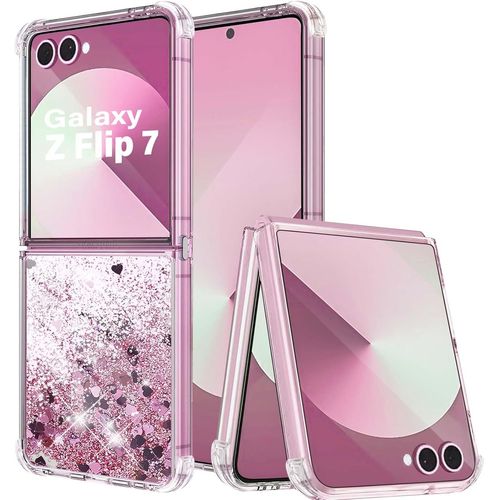 Sjzg-Coque Pour Samsung Z Flip 7 Paillette,Coque Pour Samsung Z Flip 7 Liquide Étui Pour Transparente Glitter Etui Souple Silicone Bumper Antichoc Housse Samsung Galaxy Z Flip 7 5g, Rosa