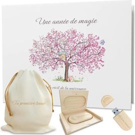 Livre De Naissance Bébé 116 Pages - Coffret Souvenir Avec Clé Usb En Bois Et Pochon - Album Photo Bébé Mixte.