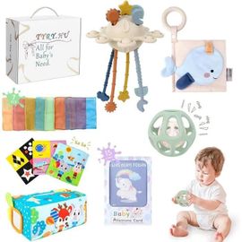 Tyry.Hu Coffrets Cadeaux Montessori : Jouets Sensoriels, Jouet Dentition, Livre Tissu, Balle Bébé, Cartes Étapes.