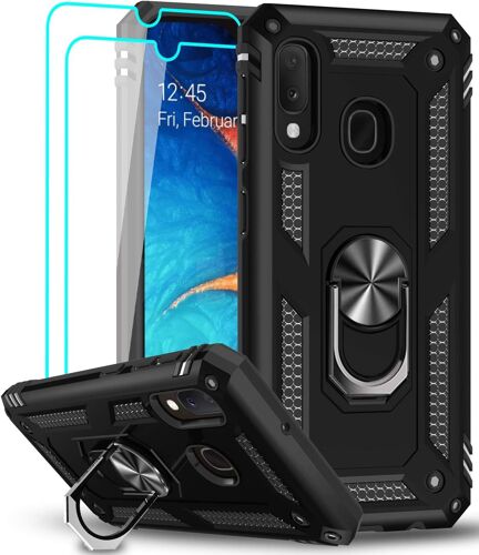 SJZG-Coque Pour Samsung Galaxy A20E Avec 2 Verre Trempé Protection Écran, 360 Degrés Rotatif Anneau Support Militaire Renforcée Défense Bumper Antichoc Housse Etui Pour Samsung Galaxy A20E Noir