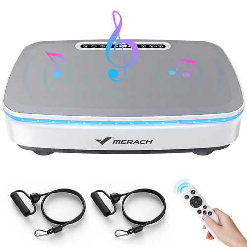 Plateforme Vibrante Motorisée Merach, 7 Programmes, 99 Vitesses, Antidérapant, Écran Led, Télécommande, Bluetooth, 150kg Max, Blanc