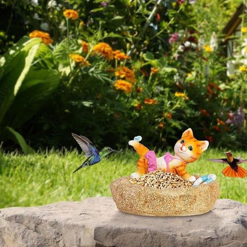 Statue De Jardin Mangeoire À Oiseaux Sculpture De Chat Résine Artisanat Mignon