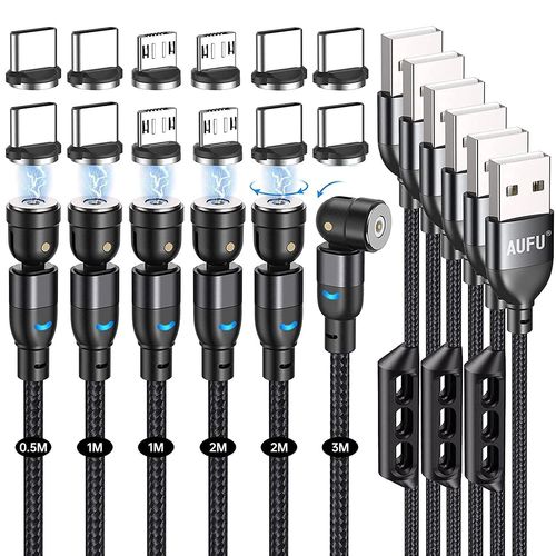 ERSAN-Câble de Charge Magnétique USB [6 Pièces, 0.5m 1m 1m 2m 2m 3m], Câble USB Magnétique 540° Rotation, Embouts Micro USB/Type-C, Compatible Téléphones/Tablettes USB C