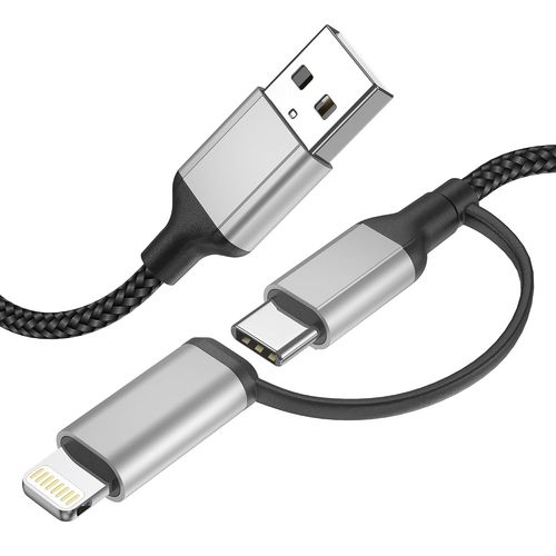 wwp-Câble USB C 2 en 1 - 1,5 m - Câble de charge rapide USB A vers USB type C et câble Lightning - Câble de charge et de données pour iPhone Samsung Huawei Xiaomi Oneplus Google - Noir/gris