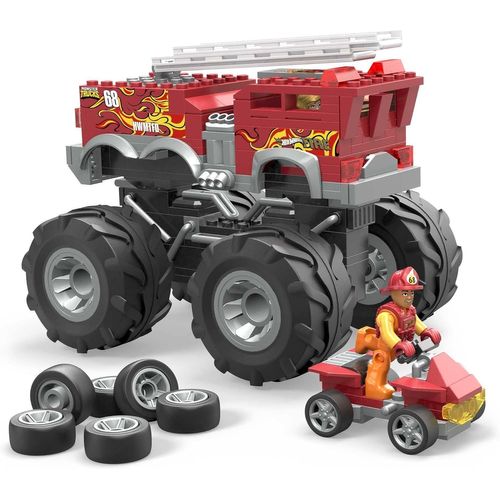 DDA-MEGA Hot Wheels Monster Truck - Jeu de Construction - Camion de Pompiers à 5 alarmes avec 284 pièces et Roues géantes, 1 Micro Figurine d'action, Rouge, à partir de 5 Ans, HHD19