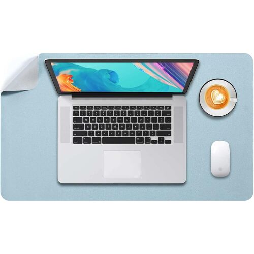 JGD-Tapis de Souris Grand, sous Main Bureau L, Mouse Pad Mat Prolongé, Tapis de Portable, Tableau d'Écriture, Buvard de Bureau, Double Face Usage en Cuir PU Étanche, 60 x 35cm Bleu Clair/Argent
