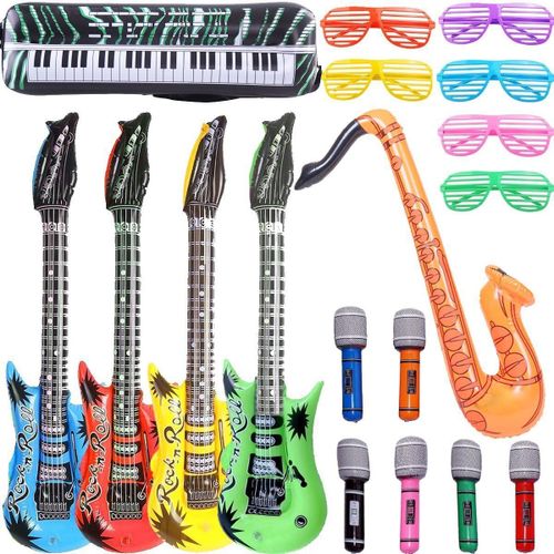 KALANKA-Gonflable Rock Star Toy Set-18 pièces gonflables Party Props-4 Guitare Gonflable,6 Microphones,6 Shutter Shading Glasses,1 Saxophone