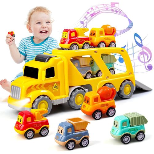 KAJGL-5 Jouets De Voiture Pour Enfants De 1 À 4 Ans,1 Camion Porteur Avec 4 Petits Véhicules À Tirer,Camion De Transport Coloré Avec Son Et Lumière