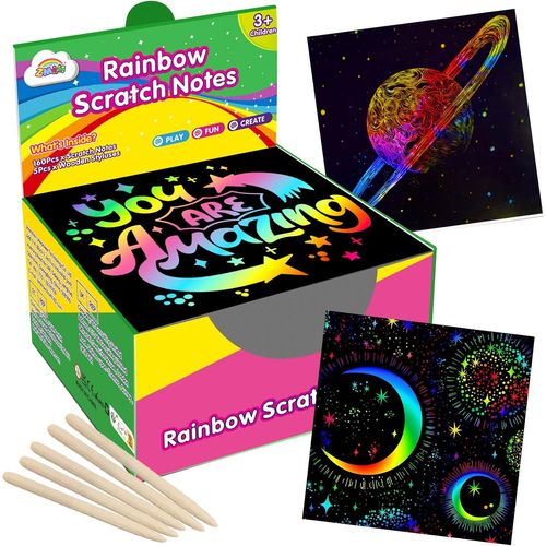 DDA-Mini Notes d'art à gratter Arc-en-Ciel 125 Magic Scratch Note Off Paper Pads Cartes Feuilles pour Enfants Black Scratch Note Arts Crafts DIY Party Favor Supplies Kit Birthday Game Toy Gifts Box