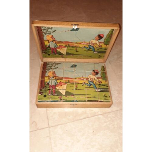 Jouet ancien puzzle 24 cubes en bois 6 faces, début années 60, dans son coffret en bois