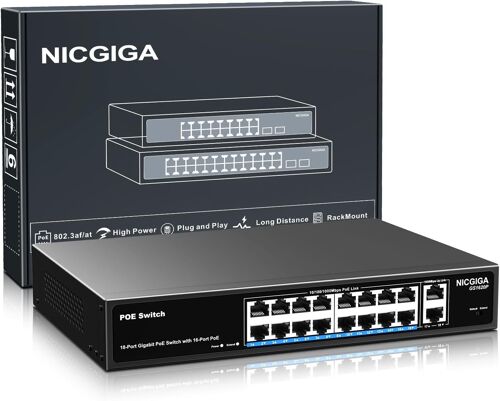 Commutateur Gigabit Poe 16 Port Non Géré, 16 Port Poe+@250W, 2 Port De Liaison Montante Gigabit, Commutateur Réseau Gigabit Power Over Ethernet 18 Port, Mode Vlan, Montage En Rack 19 Pouces