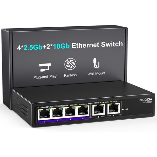 lbgwp60-Commutateur Ethernet 10Gb Non Géré Avec 2 Ports Rj45 10G 4 Ports Base-T 2.5Gbe, Montage Mural Ou Sur Bureau. Commutateur Réseau 6 Ports 10Gbps Pour Point D'Accès Sans Fil, Nas, Pc.
