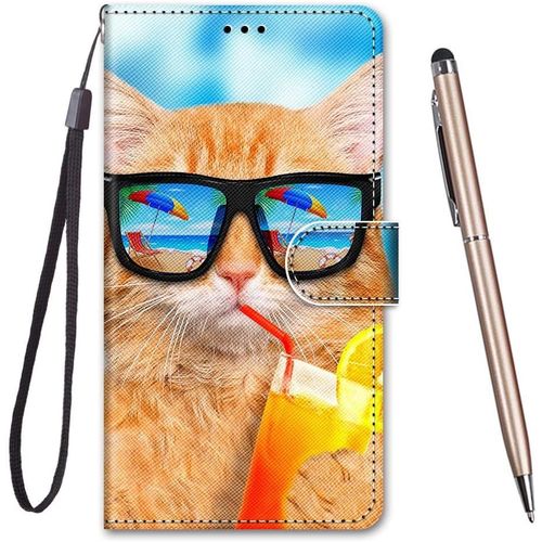 Kal-Coque Pour Huawei P10 Lite,Coque Cuir Pu Portefeuille À Aimant Colourful Design Coque Rabat Portefeuille [Créatif Peint] Étui Pour Huawei P10 Lite (Chat Buvant)